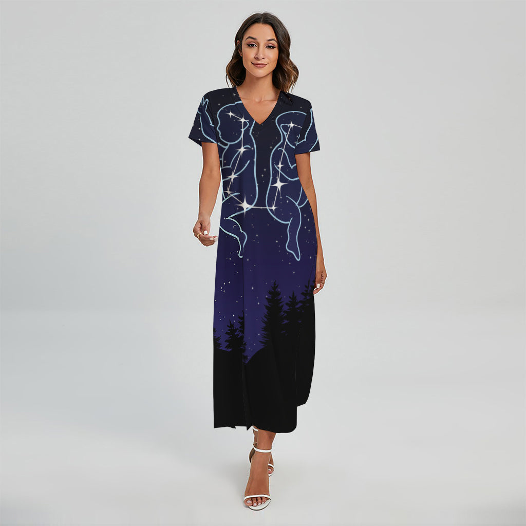 Gemini Constellation Print Short Sleeve Maxi Dress