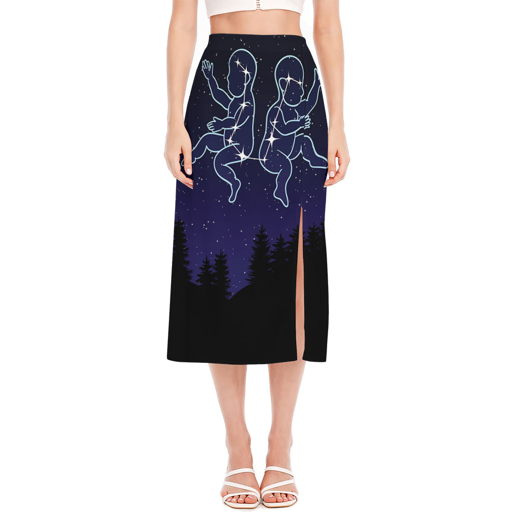 Gemini Constellation Print Side Slit Midi Skirt