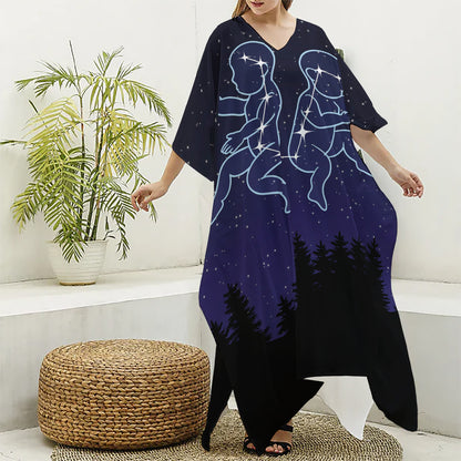 Gemini Constellation Print Silk V-Neck Kaftan Dress
