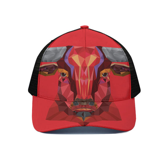 Geometric Bull Skull Print Black Mesh Trucker Cap