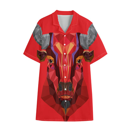 Geometric Bull Skull Print Cotton Hawaiian Shirt