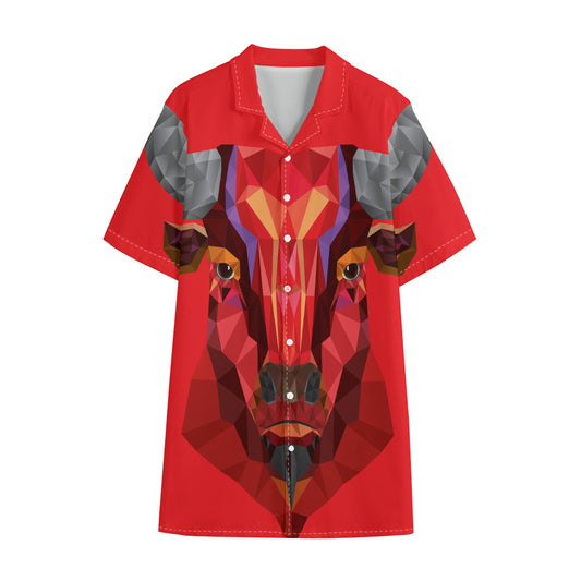 Geometric Bull Skull Print Cotton Hawaiian Shirt