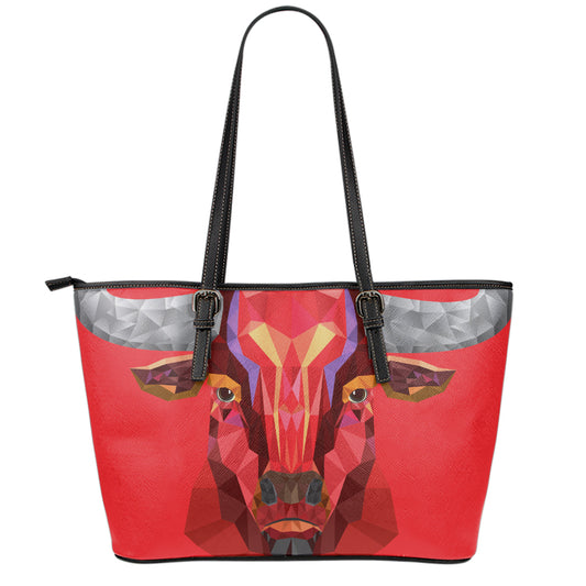 Geometric Bull Skull Print Leather Tote Bag