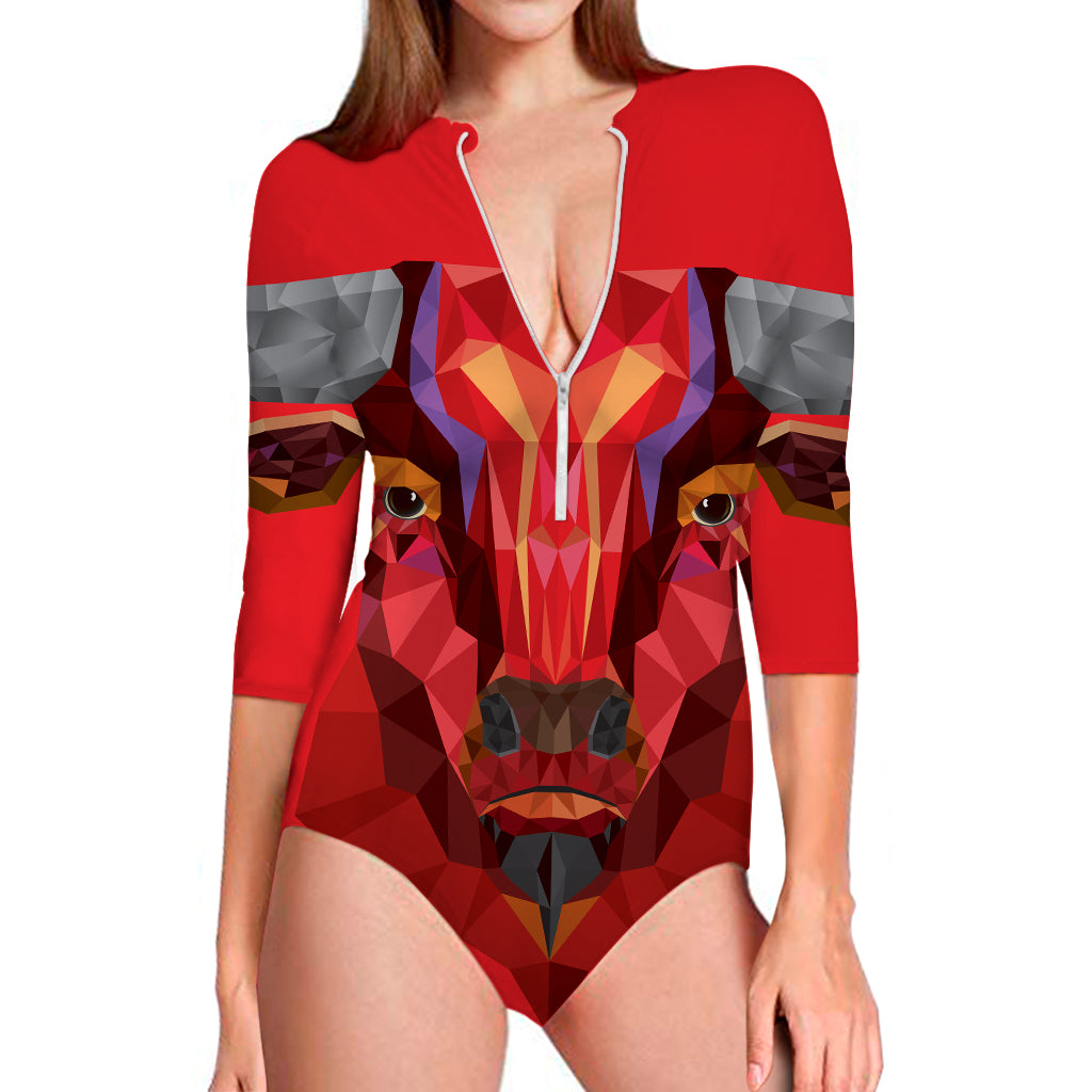 Geometric Bull Skull Print Long Sleeve Swimsuit