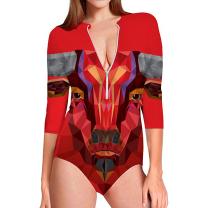 Geometric Bull Skull Print Long Sleeve Swimsuit