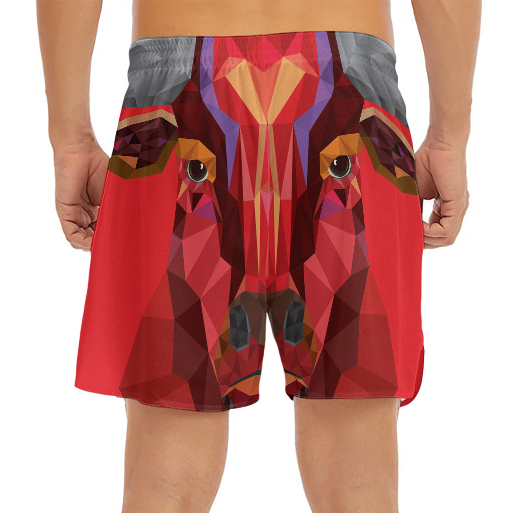 Geometric Bull Skull Print Men's Split Running Shorts
