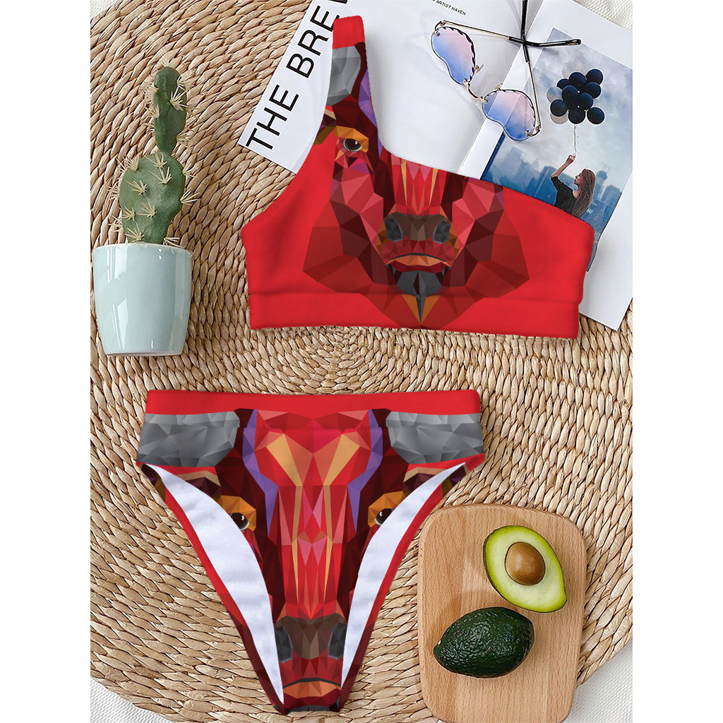 Geometric Bull Skull Print One Shoulder Bikini Top