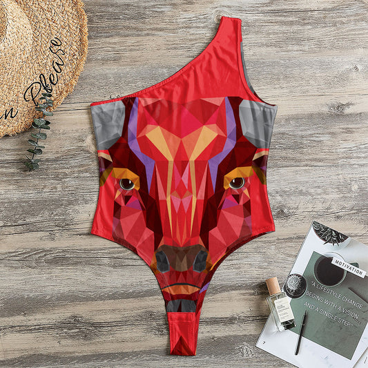 Geometric Bull Skull Print One Shoulder Bodysuit