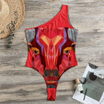 Geometric Bull Skull Print One Shoulder Bodysuit