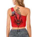 Geometric Bull Skull Print One Shoulder Crop Top