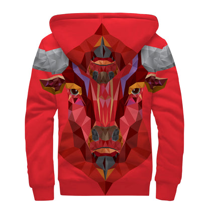 Geometric Bull Skull Print Sherpa Lined Zip Up Hoodie