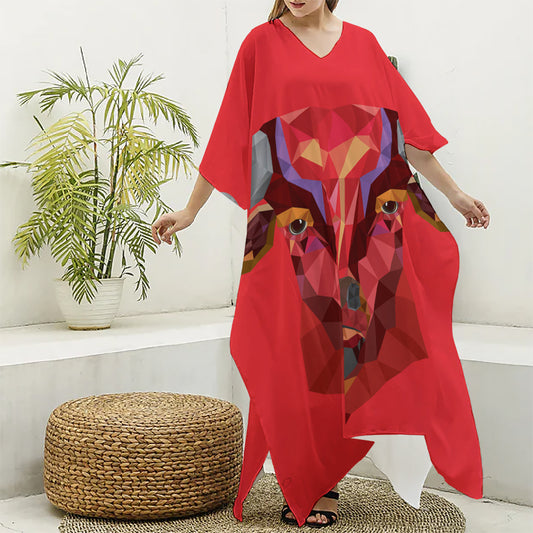 Geometric Bull Skull Print Silk V-Neck Kaftan Dress