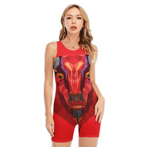 Geometric Bull Skull Print Sleeveless One Piece Swimsuit