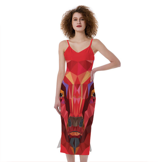 Geometric Bull Skull Print Slim Fit Midi Cami Dress