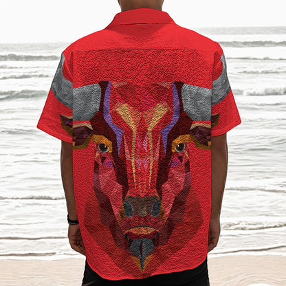 Geometric Bull Skull Print Textured Short Sleeve Shirt