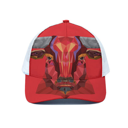 Geometric Bull Skull Print White Mesh Trucker Cap
