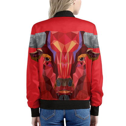 Geometric Bull Skull Print Women's Bomber Jacket