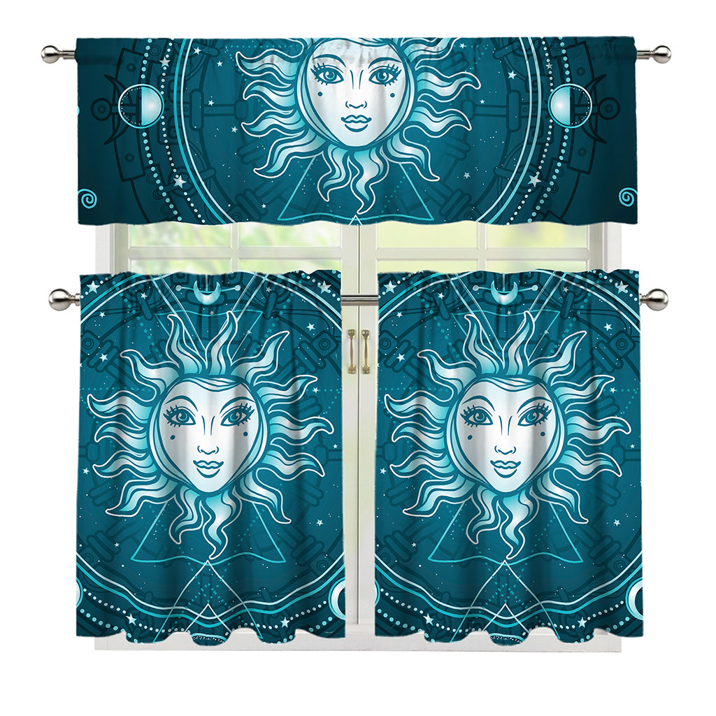Geometric Celestial Sun And Moon Print 3 Piece Kitchen Curtains