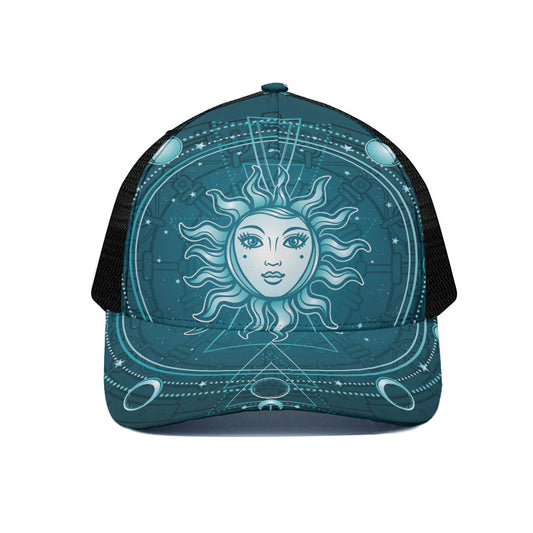 Geometric Celestial Sun And Moon Print Black Mesh Trucker Cap