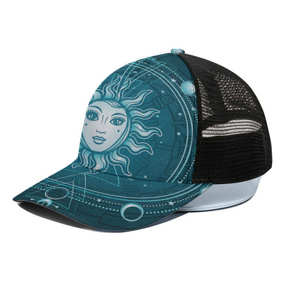 Geometric Celestial Sun And Moon Print Black Mesh Trucker Cap