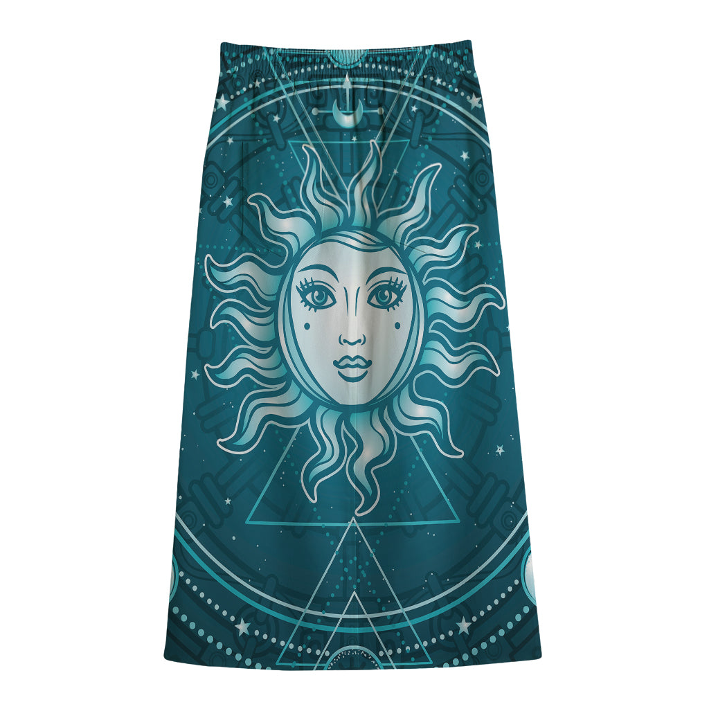 Geometric Celestial Sun And Moon Print Cotton Front Slit Maxi Skirt