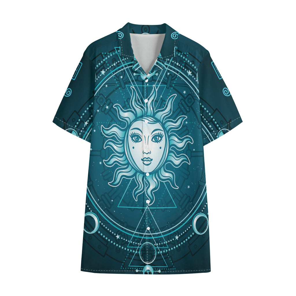 Geometric Celestial Sun And Moon Print Cotton Hawaiian Shirt