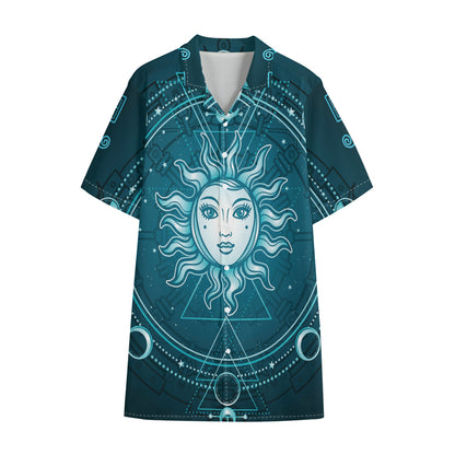 Geometric Celestial Sun And Moon Print Cotton Hawaiian Shirt