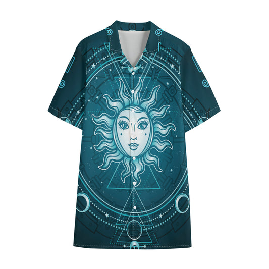 Geometric Celestial Sun And Moon Print Cotton Hawaiian Shirt