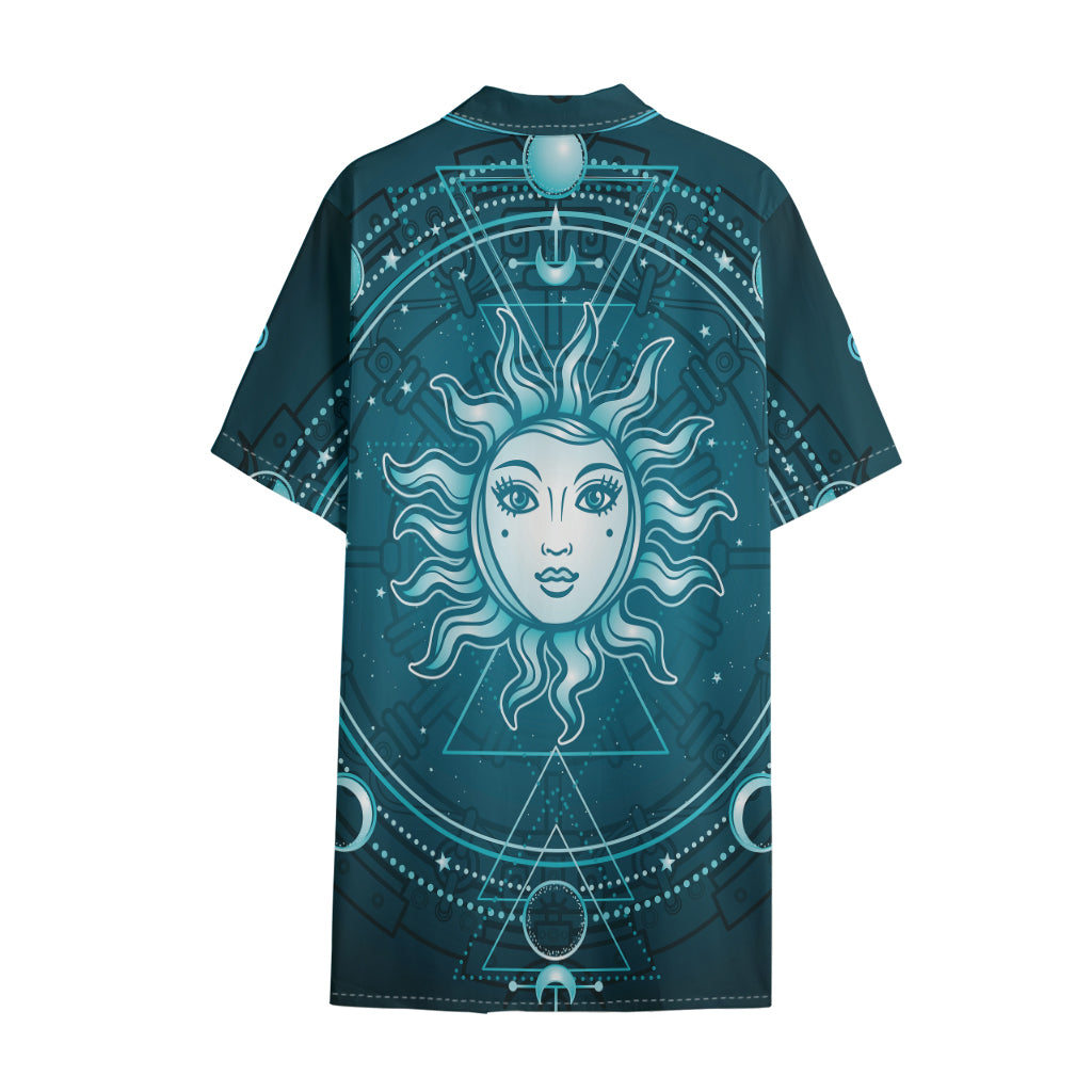 Geometric Celestial Sun And Moon Print Cotton Hawaiian Shirt