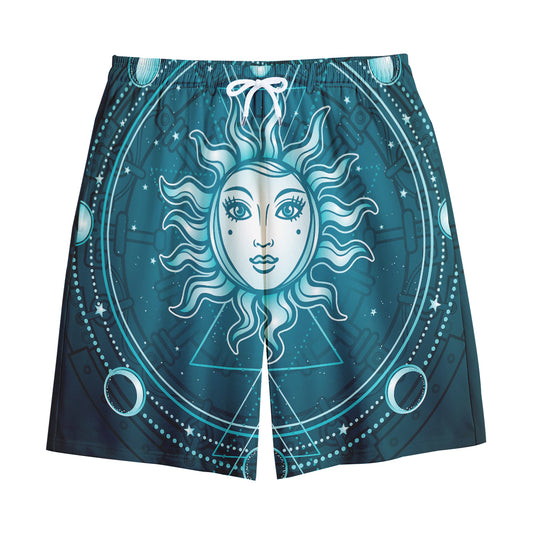 Geometric Celestial Sun And Moon Print Cotton Shorts