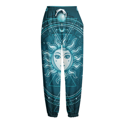 Geometric Celestial Sun And Moon Print Fleece Lined Knit Pants