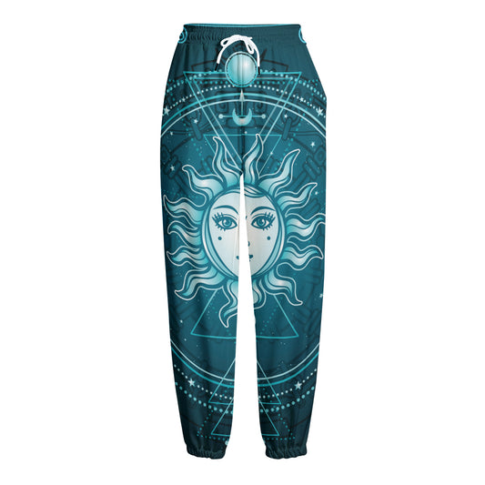 Geometric Celestial Sun And Moon Print Fleece Lined Knit Pants