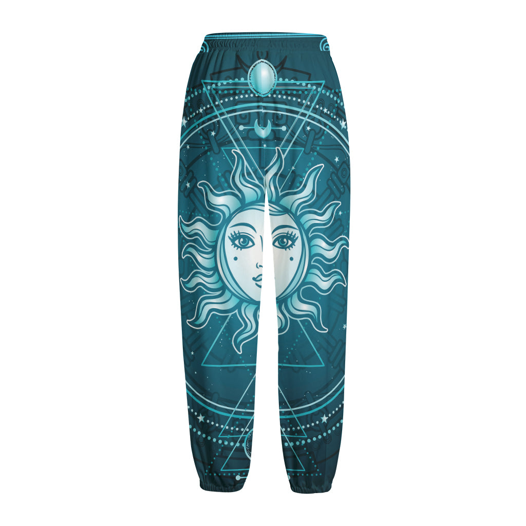 Geometric Celestial Sun And Moon Print Fleece Lined Knit Pants