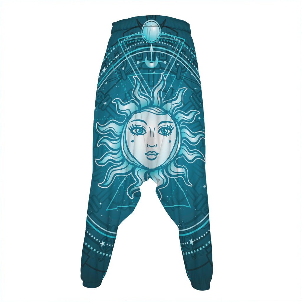 Geometric Celestial Sun And Moon Print Hammer Pants