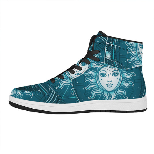 Geometric Celestial Sun And Moon Print High Top Leather Sneakers