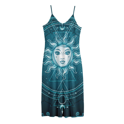 Geometric Celestial Sun And Moon Print Jersey Midi Cami Dress