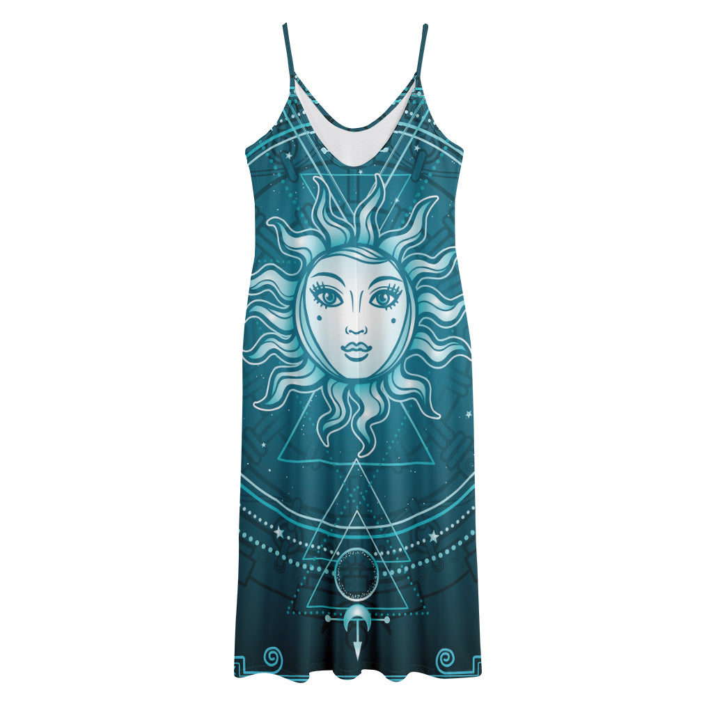 Geometric Celestial Sun And Moon Print Jersey Midi Cami Dress