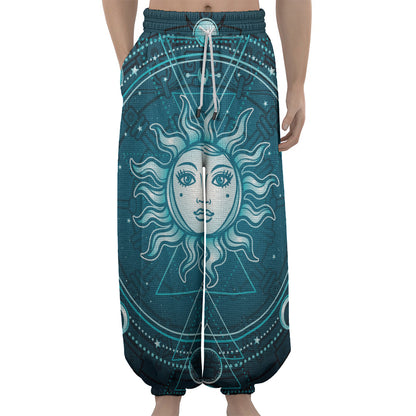 Geometric Celestial Sun And Moon Print Lantern Pants