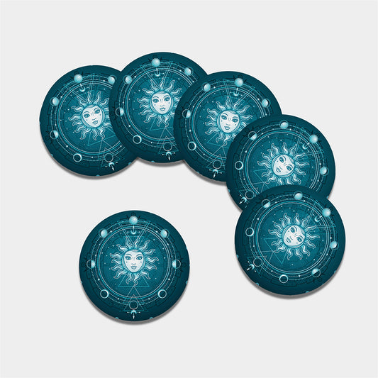 Geometric Celestial Sun And Moon Print Leather Coaster Set