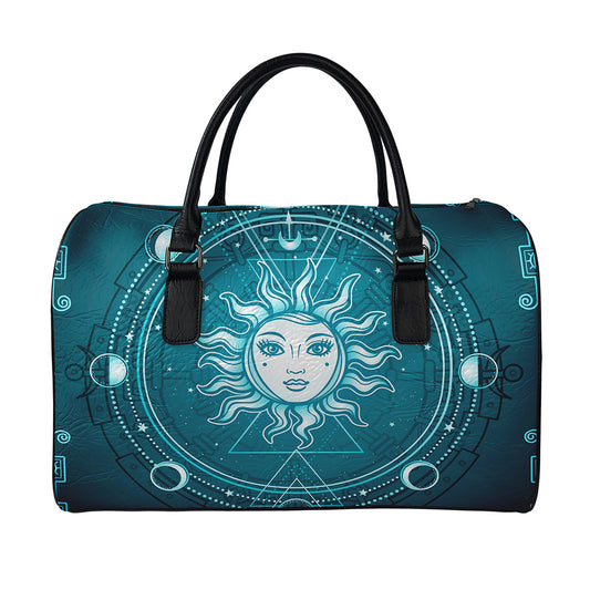Geometric Celestial Sun And Moon Print Leather Duffle Bag
