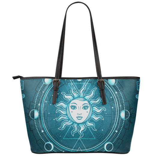 Geometric Celestial Sun And Moon Print Leather Tote Bag