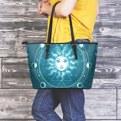 Geometric Celestial Sun And Moon Print Leather Tote Bag