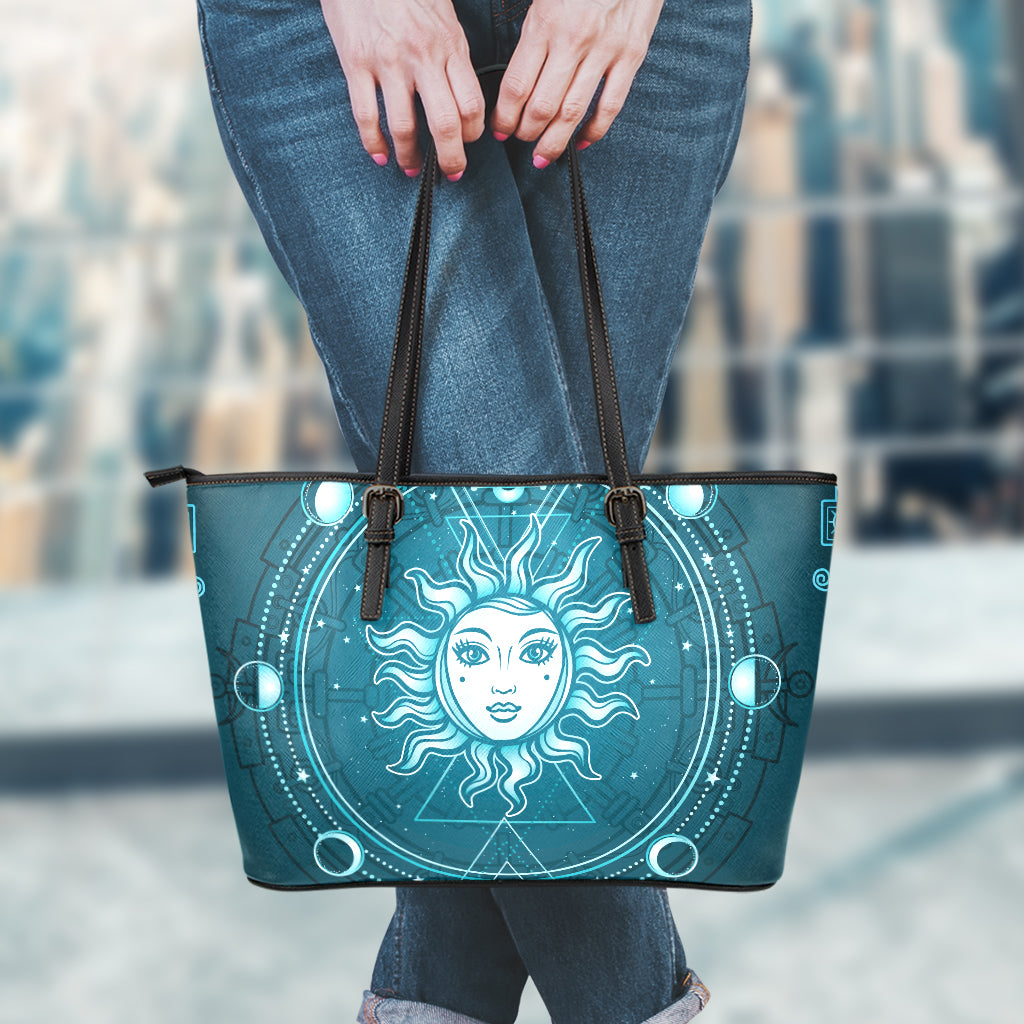 Geometric Celestial Sun And Moon Print Leather Tote Bag