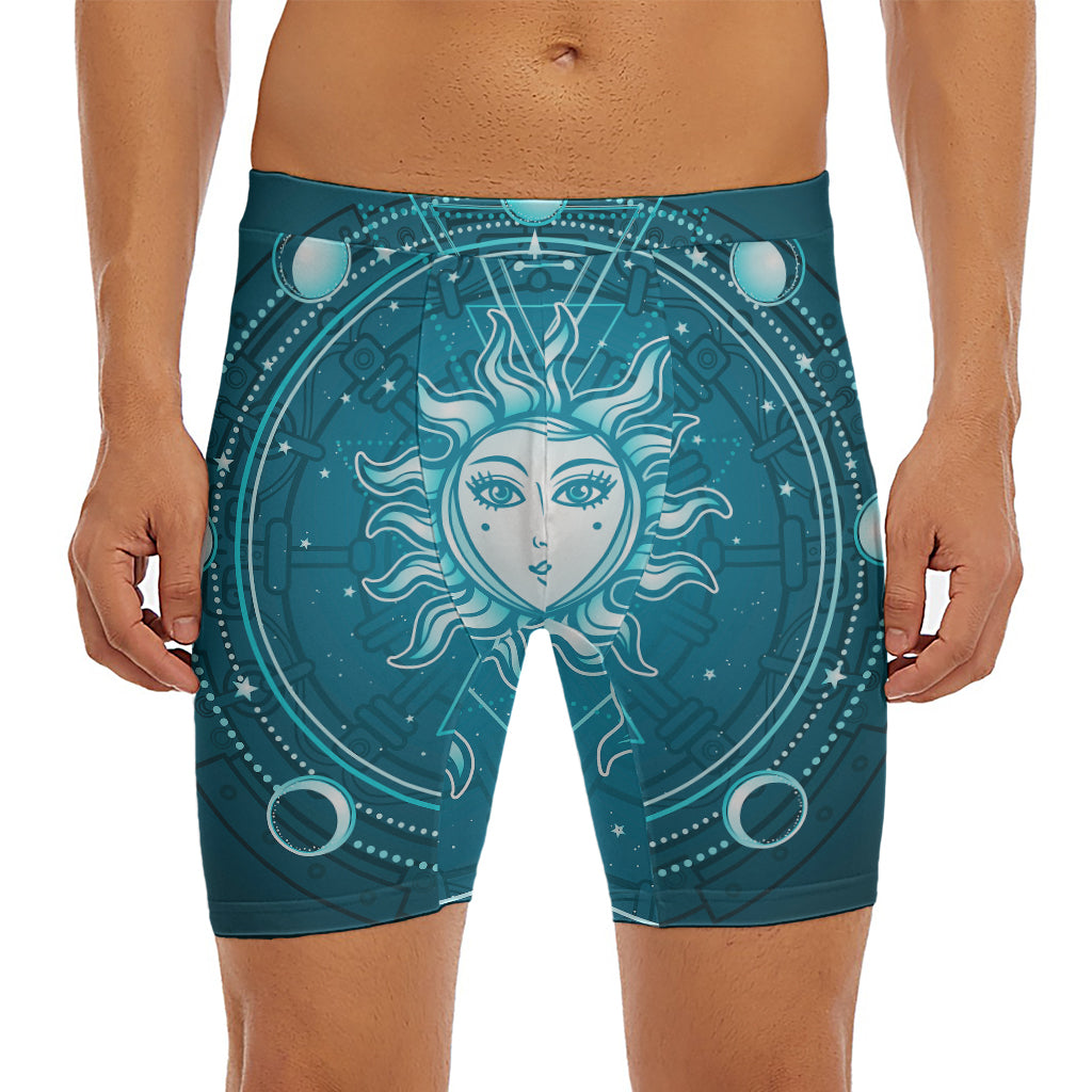 Geometric Celestial Sun And Moon Print Men's Long Boxer Briefs