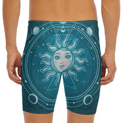 Geometric Celestial Sun And Moon Print Men's Long Boxer Briefs