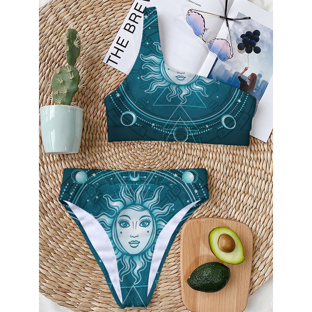 Geometric Celestial Sun And Moon Print One Shoulder Bikini Top