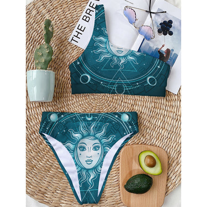 Geometric Celestial Sun And Moon Print One Shoulder Bikini Top