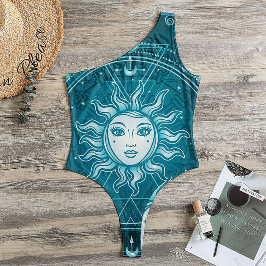 Geometric Celestial Sun And Moon Print One Shoulder Bodysuit