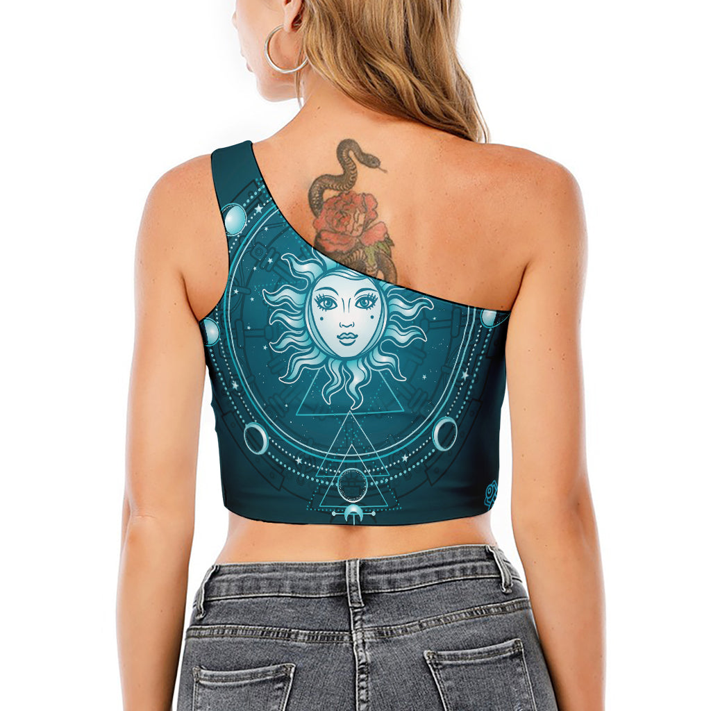 Geometric Celestial Sun And Moon Print One Shoulder Crop Top