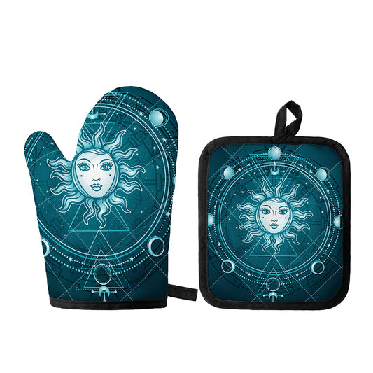 Geometric Celestial Sun And Moon Print Oven Mitt And Pot Holder Set